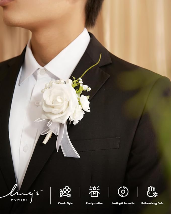 Ling's moment Boutonniere for Men, 6pcs Groom Groomsmen Boutonniere, Artificial Flowers for Wedding Decor/Prom/Homecoming, etc.Snow White