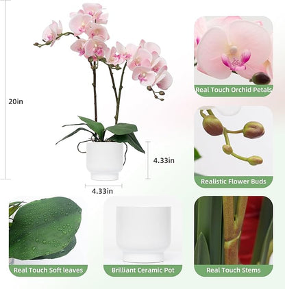CXGS Orchids Artificial Flowers Real Touch Fake Flowers in Ceramic Pot 20" Pink Faux Orchid Plant Lifelike Silk Phalaenopsis for Centerpiece Hotel Home Indoor Decor