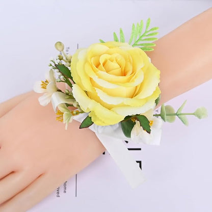MAFELOE 2 Pieces Artificial Flower Wrist Corsage and Boutonniere Set, Groom Groomsmen Bride Bridesmaids Wedding Accessories Prom Party Suit Decorations - Yellow