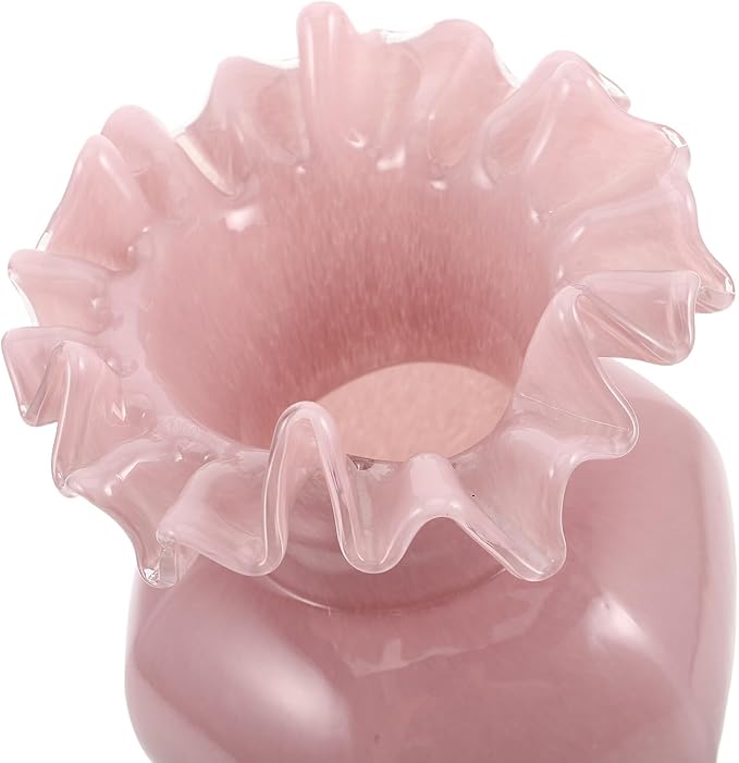 PRETYZOOM Artistic Ripple Edge Glass Flower Vase Handblown Decorative Floral Container for Home Table Office Wedding Centerpiece Pink Unique Artistic Accent Multipurpose Use