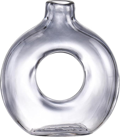 Glass Donut Vase, Grey Glass Vase, Flower Vase, Decorative Vase, Modern Vase, Round Glass Vases for Home, Living Room, Dining Table, Entryway, Mantle, Shelf, Wedding, Office, Coffee Table