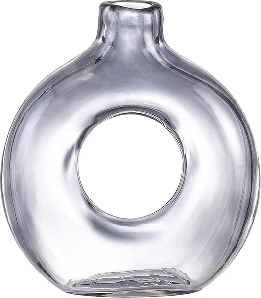 Glass Donut Vase, Grey Glass Vase, Flower Vase, Decorative Vase, Modern Vase, Round Glass Vases for Home, Living Room, Dining Table, Entryway, Mantle, Shelf, Wedding, Office, Coffee Table