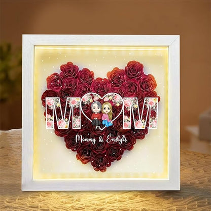 Personalized Mom Flower Shadow Box with LED Light Custom Heart Shaped Rose Flower Shadow Box Frame Mother's Day Mother and Daughter Portrait Shadowbox Memory Gifts for Mom from Daughter Birthday