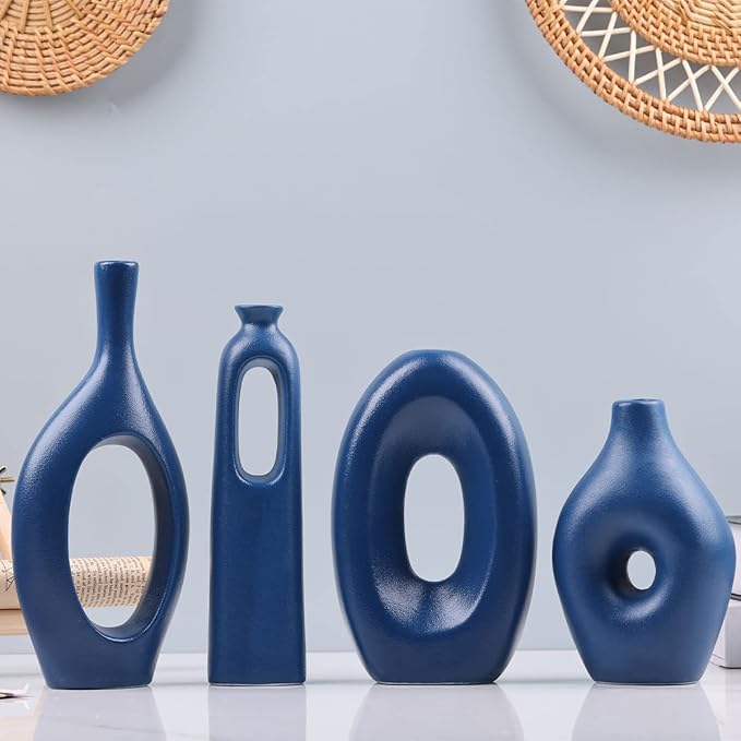 Blue Ceramic Vase Set of 4 - Round Hollow Boho Vases for Pampas Grass and Flowers Decor, Modern Minimalist Small Vases for Living Room, Bedroom, Fireplace, Coffee Table Decor and Centerpieces