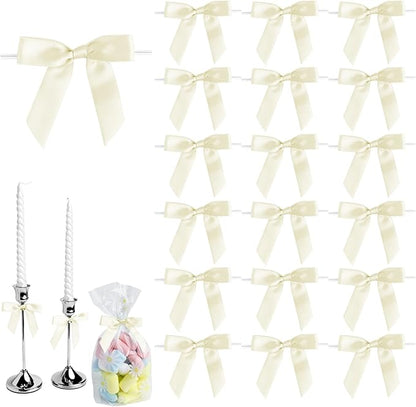 50 PCS Beige Twist Tie Bows 2.5" Satin Ribbon Bows Decor for Gift Wrapping Craft Treat Bags Cake Pop Basket, Wedding Baby Shower Birthday Party Favors