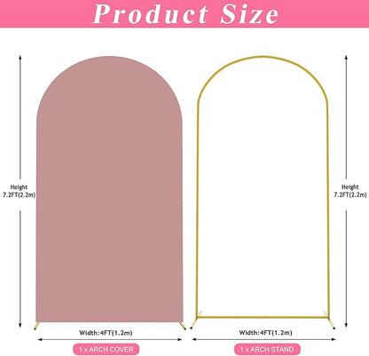 Putros 7.2ft Metal Arch Stand with Cover Light Dusty Rose Spandex Fitted Wedding Arch Cover and Round Top Chiara Backdrop Stand Set for Birthday Party Baby Shower Decoration