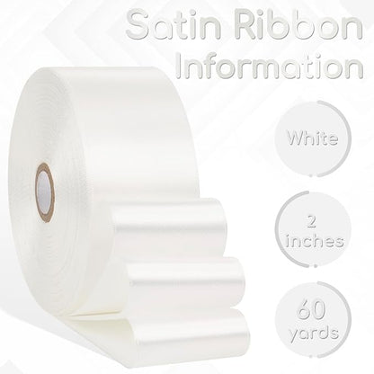 White Ribbon 2 Inch, 60 Yards White Satin Ribbon for Flower Bouquet, Crafts, Gift Wrapping, Birthday Party, Bows, Wedding and Festival Decor