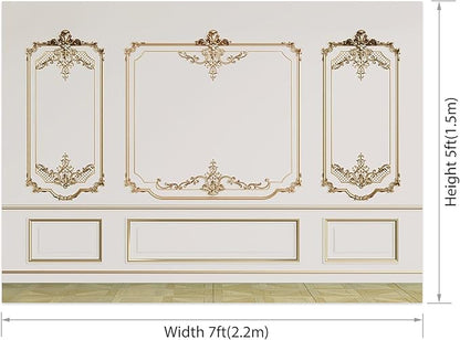 AOFOTO Vintage Room Inside Backdrop Modern French Classic Frame White Walls Gold Embossed Floral Photo Background Wedding Bridal Shower Reception Drama Portrait Photoshoot Backdrop Props 8x6ft