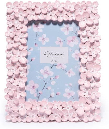 Hodao 4×6 Pink Floral Picture Frame — Handcrafted Textured Flower Picture Frame with Plastic Photo Cover & Built-In Easel for Tabletop Display, Decorative Home Décor, Nursery & Photo Keepsake