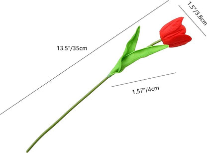 Mandy's Artificial Tulips 12 Stems Red Partially Open PU Faux Flowers for Wedding Home Decor 13.5 Inch