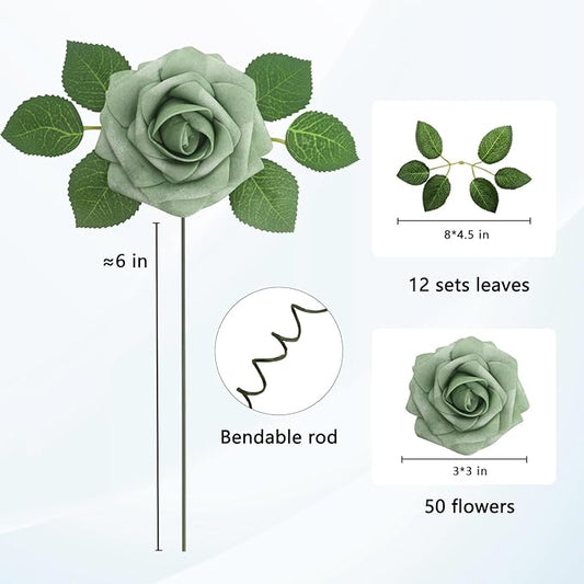 JOYLEX 50PCS Elf Green Artificial Flowers Realistic Roses, Real Looking Fake Roses with Stem for DIY Wedding Bouquets Centerpieces Bridal Shower Party Home Romantic Decorations (Elf Green, 50pcs)