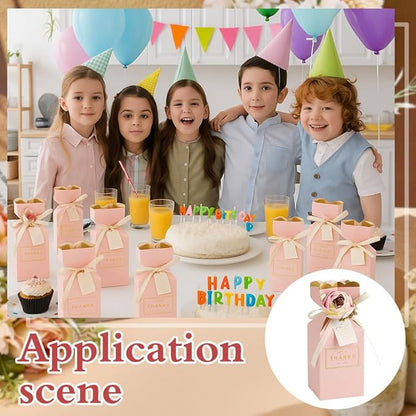 MAYJOYDIY 12 Pack 3D Flower Candy Boxes with Ribbons 2.24x2.24x5.51 Inch Pink Gift Favor Boxes Paper Candy Storage Containers for Wedding Shower Anniversary Birthday Party Celebration