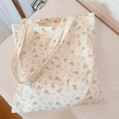 Cotton Canvas Tote Bag Reusable Soft Grocery Cloth Bag Floral Shoulder Bag for Beach Travel Shopping