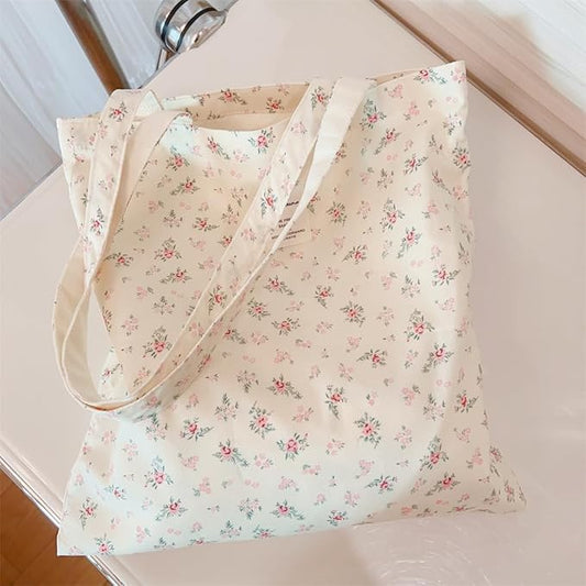 Cotton Canvas Tote Bag Reusable Soft Grocery Cloth Bag Floral Shoulder Bag for Beach Travel Shopping