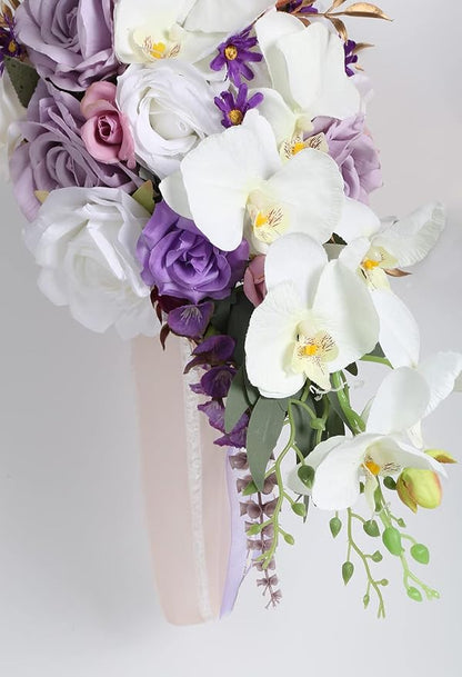 Bridal Bouquets for Bride, 11 Inch Artificial Flowers Bridal Bouquet Cascading Wedding Bouquets for Bride for Wedding Ceremony and Anniversary(White Purple)