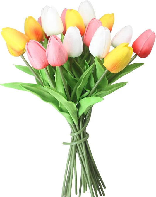Artificial Flowers 10 Heads Mini Real Touch Artificial Tulip Multicolor Bouquet for Home Wedding Party Centerpiece Decoration (White&Orange&Pink)