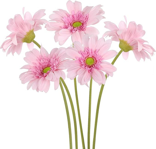 Pink Gerbera Daisy Artificial Flowers – 5PCS Real Touch Artificial Daisies with Long Stems, 26.7" Daisy Flowers Artificial for Centerpieces, Baby Showers, Wedding or Bedroom Décor