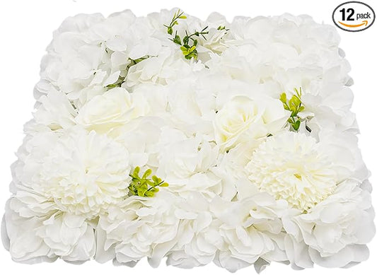 15"x 15" Artificial Flower Wall Panels, Silk Flower Panels for Outdoor Garden Backyard Fence Privacy Screen and Indoor Wall Decor (12 Pcs White, Style 2)