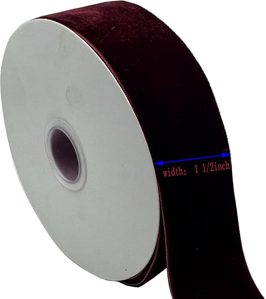 10 Yards Burgundy Velvet Ribbon Spool(Wine, 1 1/2")