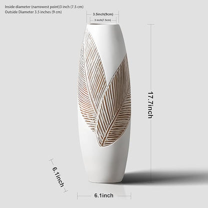 Modern Large Floor Vase White Home Decor Flower Vases 17.7 Inch Tall Resin Vase Tree Leaf Texture Decor Vases for Entryway Living Room Mantel
