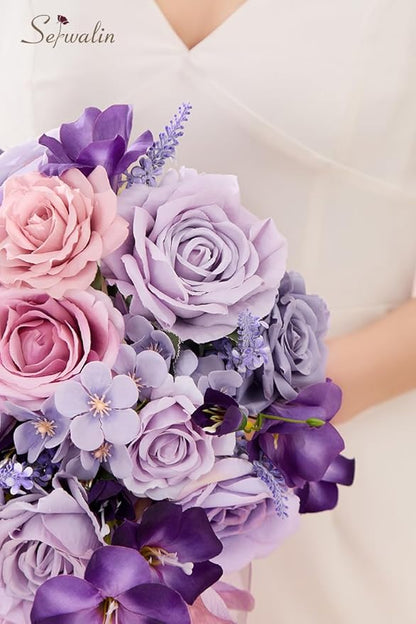 Serwalin 11 Inch Wedding Bouquets for Bride Bridesmaid, Purple Bridal Bouquets for Bride, Artificial Bouquets of Flowers for Wedding Ceremony Bridal Shower and Anniversary Day Decor