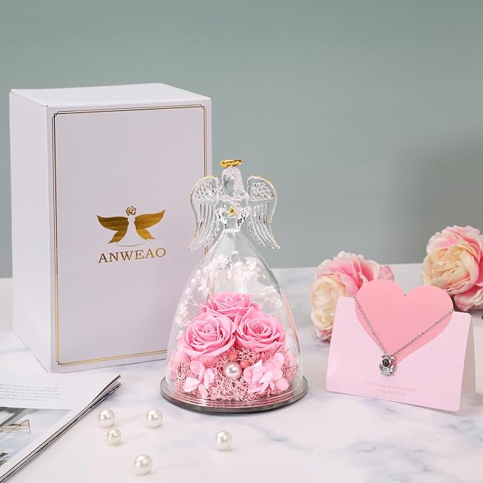 ANWEAO Mothers Day Birthday Gifts for Her Preserved Real Rose in Angel Glass Crystal Angel Figurines,The Best Mothers Day Christmas Anniversary Birthday Gift for Mum Wife (Pink)