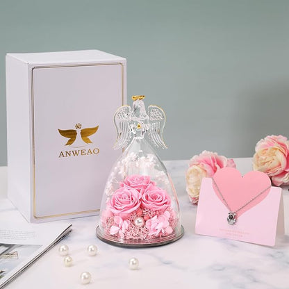 Christmas Angel Gifts for Women Gift for Mom,Preserved Real Rose in Glass Angel Figurines with Angel Necklace,Preserved Flower Birthday Gifts for Women Mom Wife Girlfriend for Thanksgiving Xmas Gift