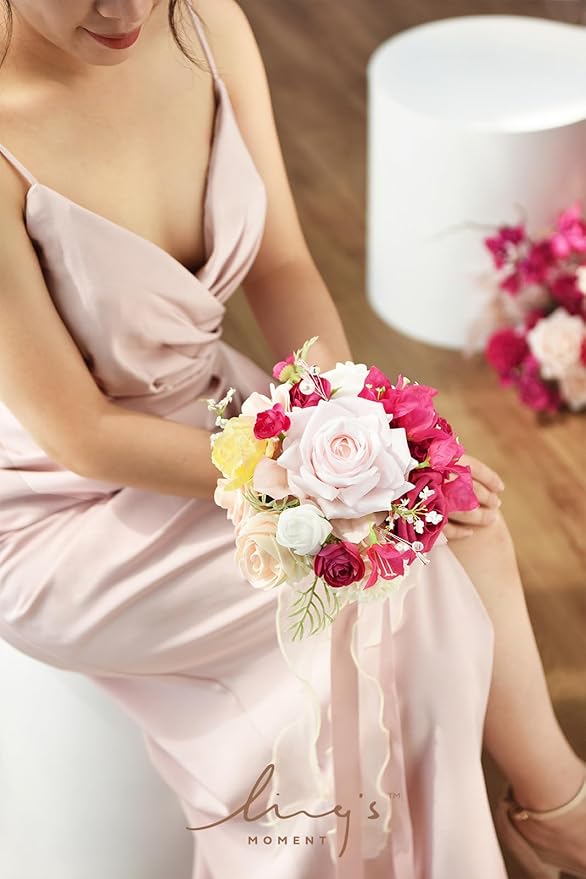 Ling's moment Artificial Flowers 25Pcs Hot Pink Roses Decor w/Stems,3" Real Touch DIY Foam Floral for Wedding Bouquet/Centerpieces, Outdoors Party Backdrop, Room/Table, and Garden/Pot Decorations