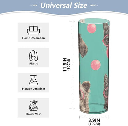 Flower Vase Clear Plastic Cylinder Vases Decor for Centerpieces Home Storage Office Weddings Pink Glasses Cats Dogs and Bubbles 11.8 x 3.9 in