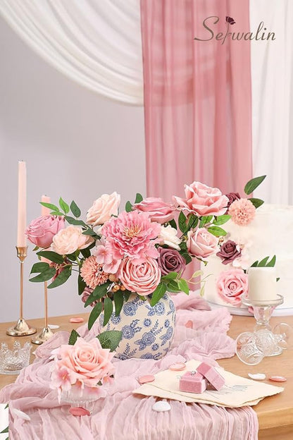 Serwalin Artificial Pink Flowers Fake Flowers Cake Flowers Silk Flowers Wedding Spring Rose for Decoration DIY Craft Combo Centerpieces Bridal Bouquet Home Decor