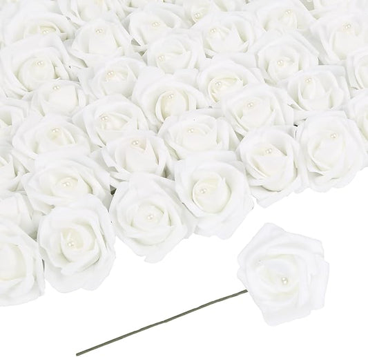 50PCS Foam Roses with Pearls 2.56in White Roses Artificial Flowers Bulk Foam Flowers with Stem for Wedding, Bridal Shower, Cake, Graduation and Home Decor(White)