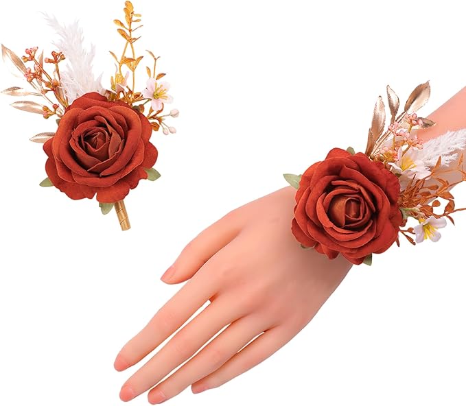 Meldel Burnt Orange Wrist Corsage and Boutonniere Set, Flower On Wrist for Bride Bridesmaid Wedding, Boutonniere for Men Groom Groomsman Wedding Accessories Prom Party Suit Decorations