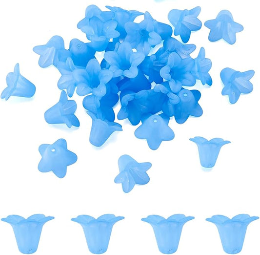50Pcs Trumpet Flower Beads Frosted Acrylic Flower Bead Caps Blue Charms Bell Floral Pendants Floral Spacer Beads End Caps for Jewelry Making