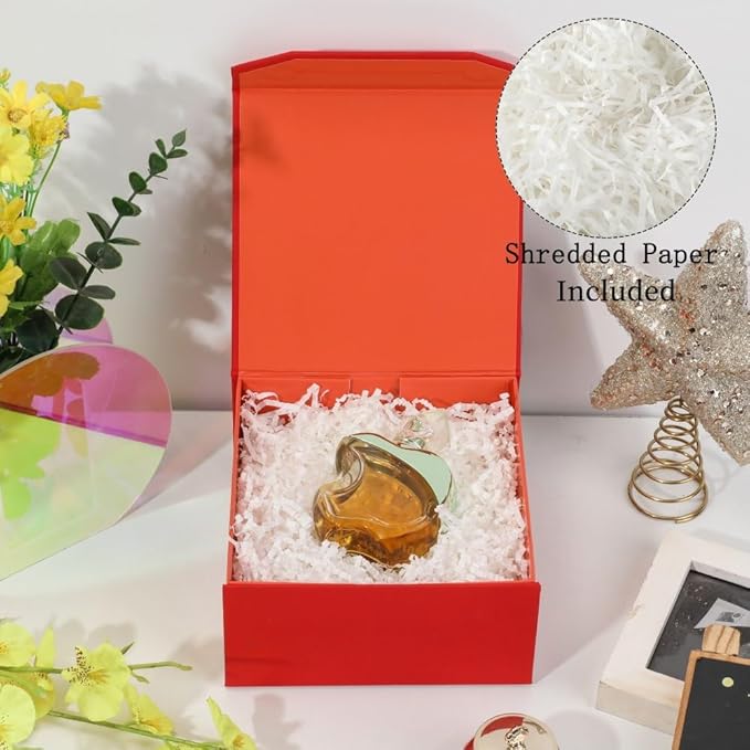 6 Pcs Small Red Gift Box 6x6x3 Inch Magnetic Box with Crinkle Paper Red Small Gift Box with Shredded Paper Luxury Gift Boxes with Lids for Presents