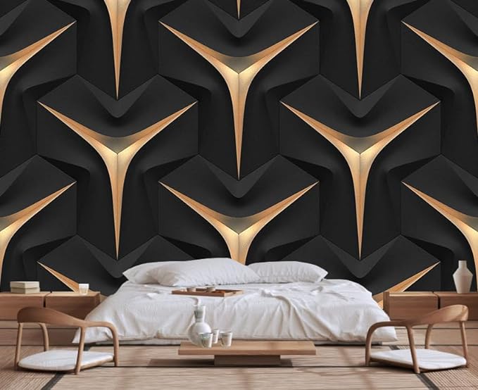Golden Stripe 3D Geometric Black Background Wallpaper, Large Wall Background Mural, for Various Occasions Background Decoration(Non-self-Adhesive)