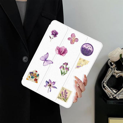 Transparent Aesthetic Purple Flowers Stickers 50 PCS, Waterproof Vinyl Decals for Tumblr, Water Bottles, Laptops, Journals, Scrapbooking, Cute Decorative Stickers for Teens, Girls & Adults