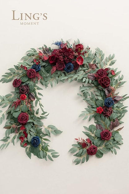 Ling's moment Flower Garland - 6FT Eucalyptus & Rose - Sweetheart Table Decor for Wedding Reception, Artificial Floral Garland for Mantle, Thanksgiving, Christmas Decoration, Burgundy & Navy
