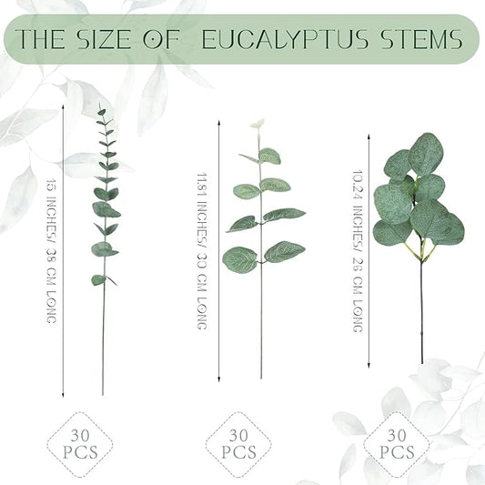 Giegxin 90 Pcs 3 Kinds Mixed Eucalyptus Leaves Stems Bulk Artificial Silver Dollar Leaves Picks Dried Eucalyptus Bundle Faux Spray for Wedding Vase Bouquet Floral Arrangement (Green)