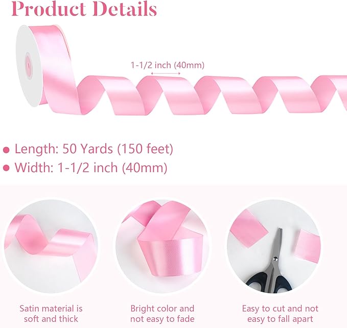 1-1/2 inch(40mm) x 50 Yards Pink Wide Satin Ribbon Pink Fabric Ribbon for Gift Packaging, Wedding Decoration, Flower Bouquet, Holiday Party, Hair Accessories Bow, Invitation