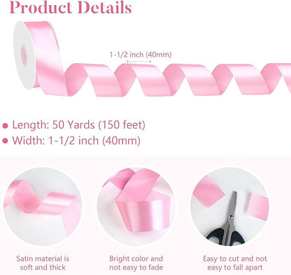 1-1/2 inch(40mm) x 50 Yards Pink Wide Satin Ribbon Pink Fabric Ribbon for Gift Packaging, Wedding Decoration, Flower Bouquet, Holiday Party, Hair Accessories Bow, Invitation