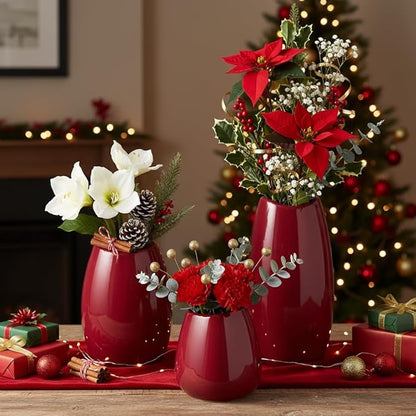 hjn Ceramic Vase Set of 3 Red Flower Vase for Home Decor, Modern Decorative Vase for Flowers Vases for Your Ideal Shelf Decor/Table/Living Room/Kitchen/Office-Red…