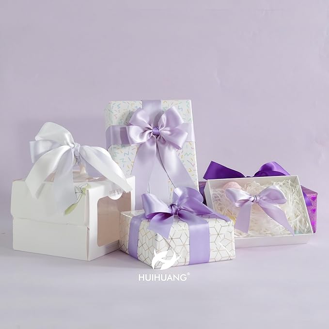 HUIHUANG Purple Ribbon 1-1/2 inch Lilac Purple and White Satin Ribbon Assorted for Flower Bouquet, Gift Wrapping, Bows, Crafts, Eternal Flowers, Bridal Shower Wedding Decor- 6 Rolls, Total 30 Yards