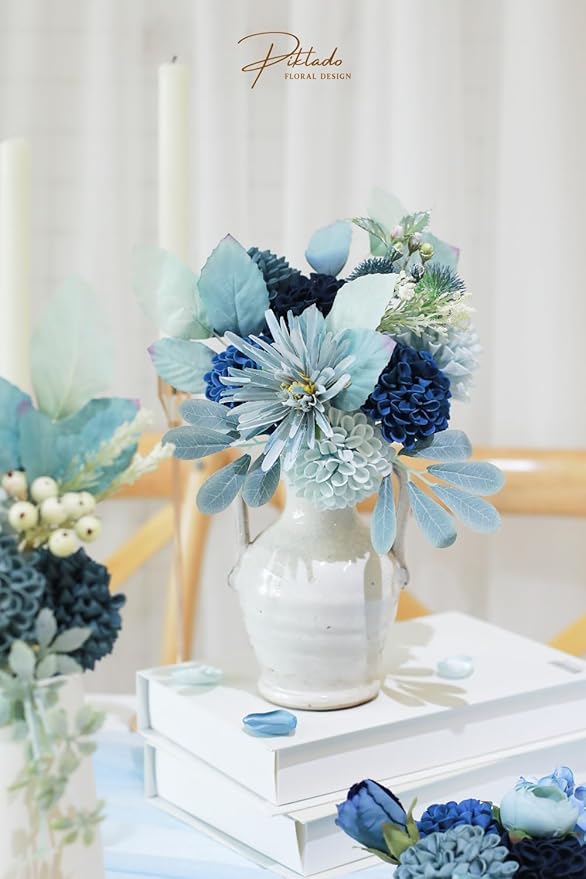Artificial Wedding Dahlia Flowers 25 pcs Fake Roses with Stem for DIY Wedding Decor Centerpieces Arrangements Bouquets (Shades of Navy Blue)