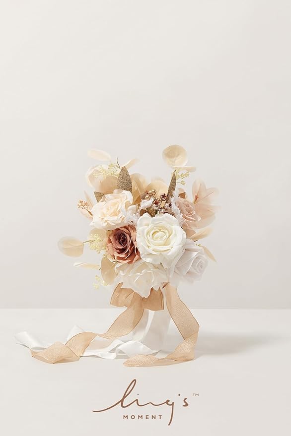 Ling's moment Artificial Flowers Boho Bridesmaid Bouquet Set of 4, White Beige Wedding Flowers Bouquets for Bridesmaids, 7 Inch Bridal Bouquets for Bridesmaids, Wedding, Ceremony, Anniversary, etc
