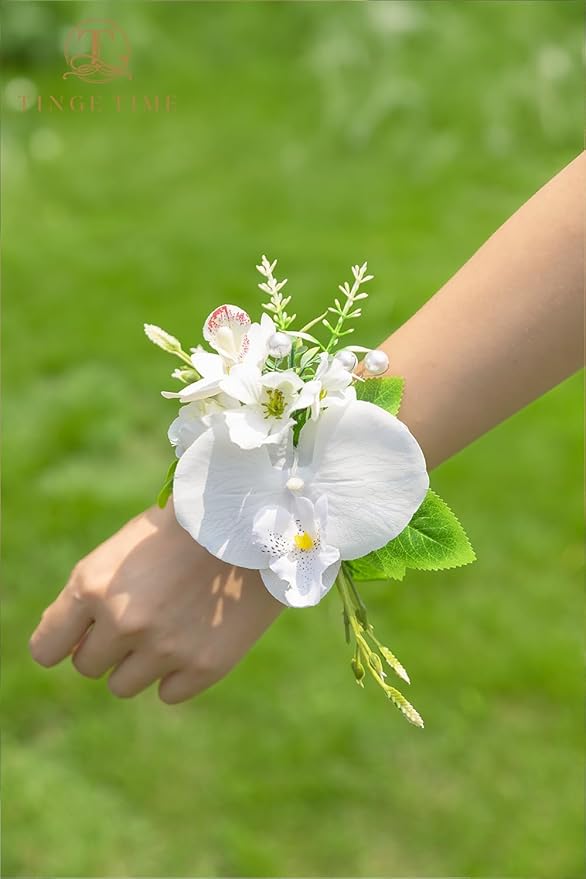 TINGE TIME Set of 2 Wrist Corsage Bracelets Pearl Wristlet Band Bridesmaid Bracelet for Wedding Ceremony Bridal Shower Wedding Artificial Flower Prom (IvoryWhite)