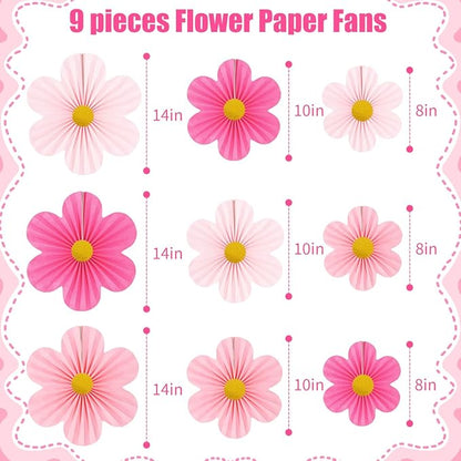 Pink Party Decorations Paper Flowers Decorations for Wall Classroom Paper Fans Floral Backdrop Flower Wall Decor Pack of 9 Pink