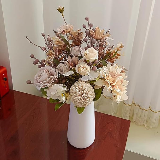 16-inch Artificial Fake Flowers Silk Table Arrangements Faux Plastic Floral Centerpieces for Home with Roses, Dandelions, Daisies, Hydrangea, Eucalyptus, Chrysanthemums and Hollyberries