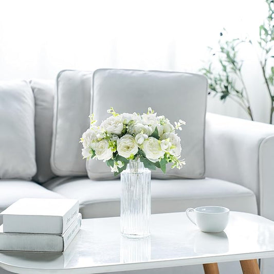Mkono Peonies Artificial Flowers, Small Silk Flowers for Home Decor Indoor Fake Bouquet Faux Floral Arrangements Dining Table Centerpieces for Kitchen Bridal Wedding Party Decor White