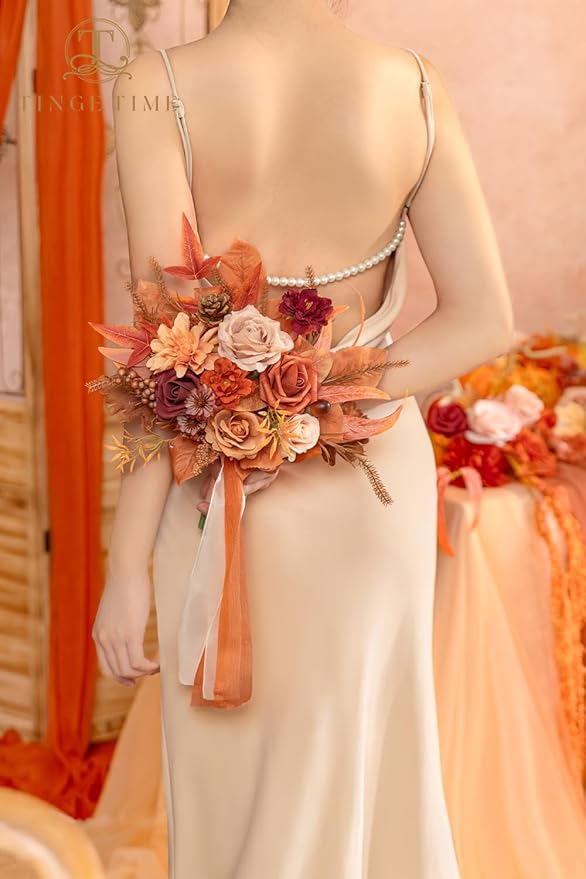TINGE TIME 7 Inch Wedding Bouquets for Bridesmaid, Set of 4, Artificial Flowers Cascading Bridal Bouquet for Fall Wedding Ceremony Anniversary Bridal Shower and Rustic Vintage Wedding (Maple Red)