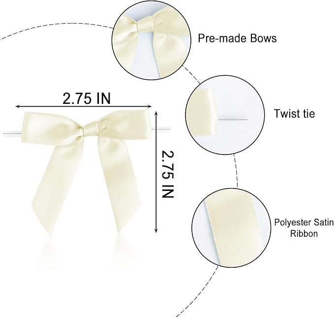 50 PCS Beige Twist Tie Bows 2.5" Satin Ribbon Bows Decor for Gift Wrapping Craft Treat Bags Cake Pop Basket, Wedding Baby Shower Birthday Party Favors